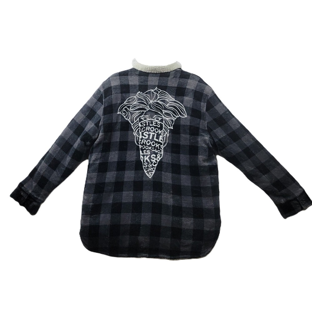 Crooks & Castles Shirt Jacket Mens Large Gray Buffalo Plaid Sherpa Fleece Lined